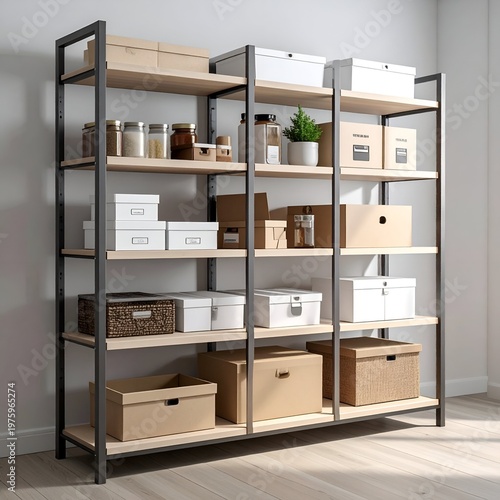 Industrial Style Shelving Unit with Storage Boxes and Jars.