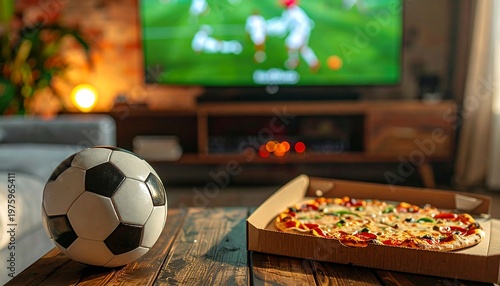 Soccer Ball and Pizza Box on Coffee Table with Blurred Football Match on TV