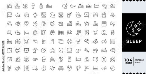 Sleep icon set. Containing bedroom, dream, pillow, sleeping, earplugs, moon, rest, lullaby, night, insomnia, bed, Editable line icons.