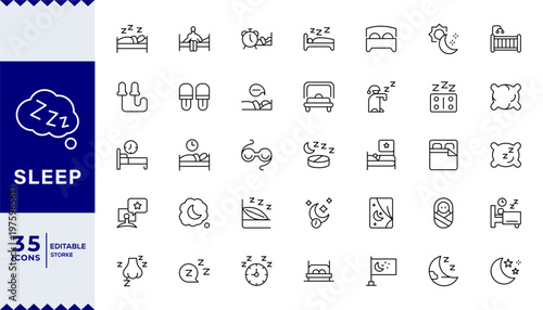 Sleep icon set. Containing bedroom, dream, pillow, sleeping, earplugs, moon, rest, lullaby, night, insomnia, bed, Editable line icons.