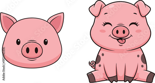 Cute Pig Character Illustration Set with Cartoon Pig Face and Full Body for Farm Animal Kids Design and Mascot Graphic Collection