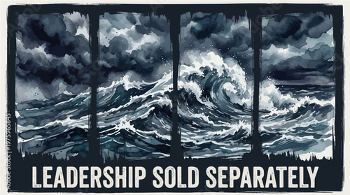 Dramatic Watercolor Ocean Waves and Stormy Sky Panels, Accented by Text "LEADERSHIP SOLD SEPARATELY"