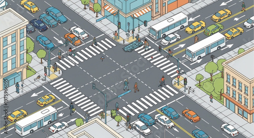 Isometric City Intersection with Pedestrian Crossings and Traffic.