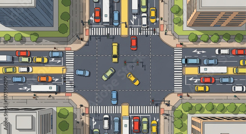 Aerial View of a Busy City Intersection with Traffic.