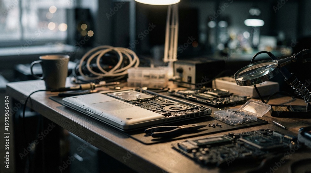 Fototapeta premium Laptop, repair and work desk with components for electronic maintenance or fix in workshop. Empty, computer or IT engineering with equipment for problem solving, troubleshooting or circuit testing