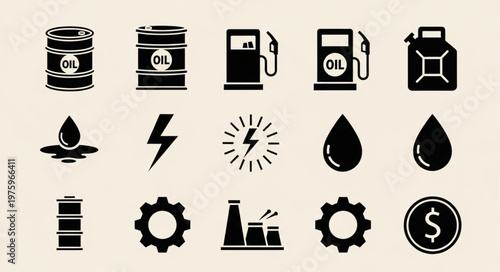 Energy Industry Icons - Oil, Gas, Electricity, and Production Symbols.