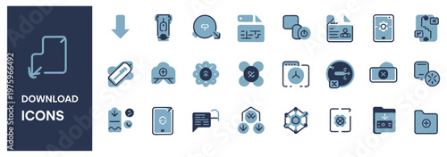 Collection of flat design icons representing download, file management, cloud storage, and security concepts.