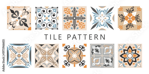 Vector seamless pattern with ornamental ceramic tiles in terracotta, beige and blue mediterranean style