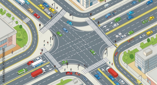 Aerial View of a Busy City Intersection with Traffic.