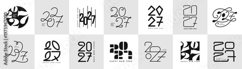 2027 New Year logo text cards templates. Black Numbers set. Happy Holiday symbols in flat, hand drawn style. Font Labels isolated on white background. Vector illustration for poster, print, web