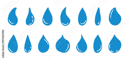 Hand drawn Water drops icon set. Blue illustration of aqua. Symbol of liquid raindrops, tears. Isolated vector sign.