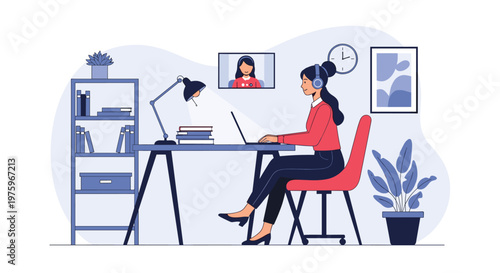 Woman working at a desk with a laptop and headphones participates in a video conference from her comfortable home office.