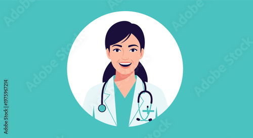 Cheerful female doctor with dark hair and a stethoscope smiles warmly from a circular frame on a teal background.