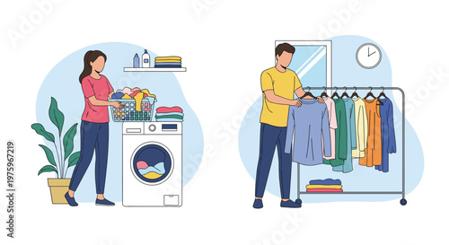Man and woman working on household chores including laundry and organizing clothes on a rack in a clean domestic setting.