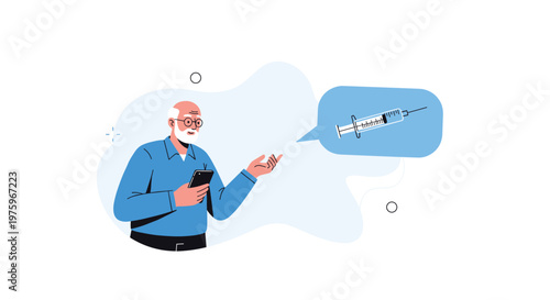Elderly man looks at his smartphone while thinking about a medical injection for health protection during a pandemic.