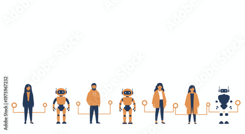 Vector illustration, connected people icons, diverse group, orange and blue, teamwork concept, 7 characters