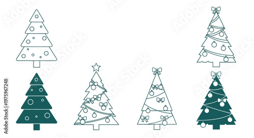 Collection of various stylized Christmas tree illustrations featuring both simple outlines and solid green shapes.