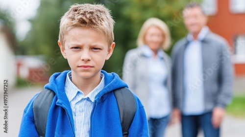 Unwavering Youth: A young boy, burdened with a backpack, stands resolute in front of his elders. Capturing the trials and tribulations of childhood