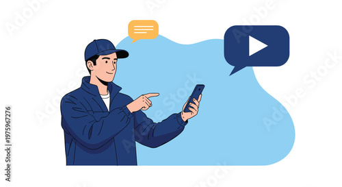 Delivery man in a blue uniform and cap points to his smartphone screen while standing against a blue abstract shape.