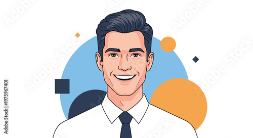 Portrait of a handsome young businessman smiling happily while wearing a white shirt and a blue necktie against abstract shapes.
