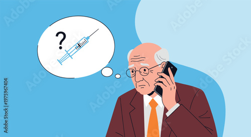 Senior man talking on a mobile phone while looking worried and thinking about a medical syringe injection against a blue background.