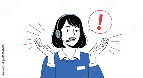Happy female customer service representative wearing a headset with a red exclamation mark in a speech bubble and expressive hand gestures.