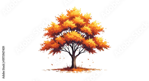 Vibrant autumn tree with orange and yellow leaves standing alone on a white background with falling leaves and detailed pixel art texture.
