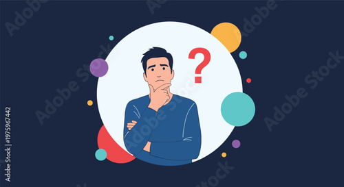 Young man thinking with a confused expression and a large red question mark surrounded by colorful abstract dots on a dark background.