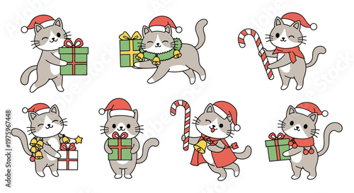 Collection of cute cartoon cats in various festive poses wearing Santa hats and holding Christmas presents, candy canes, and bells.