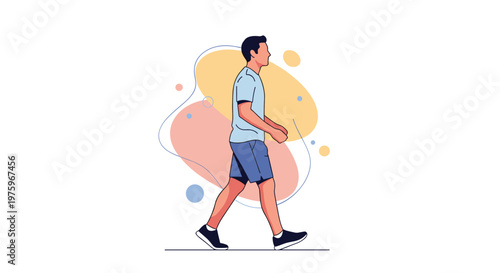 Athletic man walking forward with determination in a casual outfit against a background of soft abstract shapes and colorful dots.