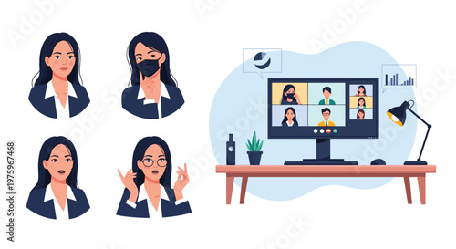 Professional businesswoman shown in different states including wearing a mask along with a video conference screen on a tidy desk.