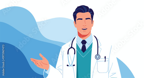 Confident male doctor wearing a white lab coat and stethoscope gesturing with his hand while explaining medical information or advice.