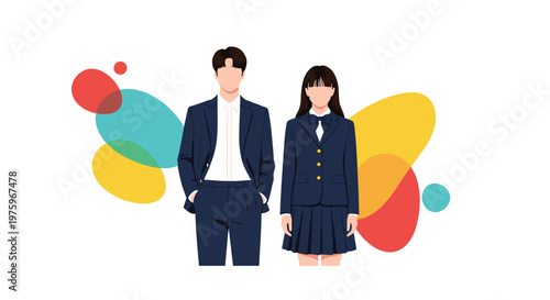 Two young students in dark blue school uniforms standing side by side against a white background with colorful abstract shapes and dots.