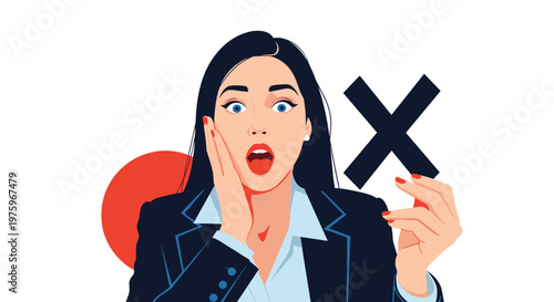 Shocked businesswoman with a surprised expression holding a black cross mark symbolizing rejection or an incorrect answer in her hand.
