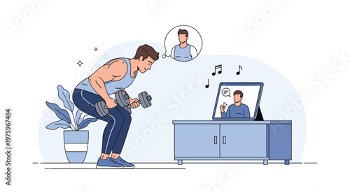 Determined man exercising at home with dumbbells while following an online fitness tutorial on a tablet screen in a bright room.