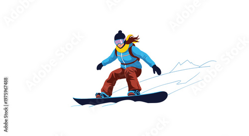Active person snowboarding down a snowy slope with a blue sky background capturing a moment of winter sports and outdoor adventure.