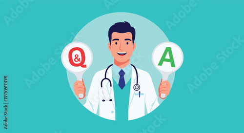 Smiling male doctor wearing a white coat and stethoscope holding two signs for questions and answers within a circular teal frame.