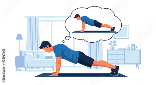 Man performing pushups on a mat in a living room while a thought bubble shows him successfully completing the same exercise.