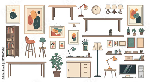 Large collection of diverse furniture and home decor icons including tables, chairs, lamps, plants, and wall art in a muted color palette.