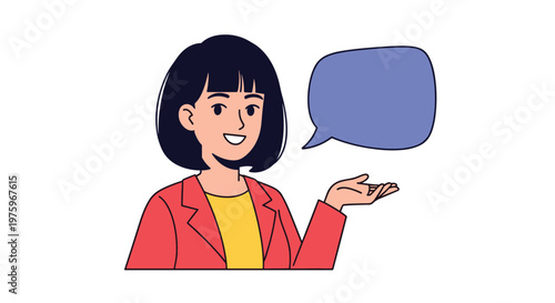 Short-haired woman wearing a stylish red jacket smiles while presenting an empty blue speech bubble on a white background.
