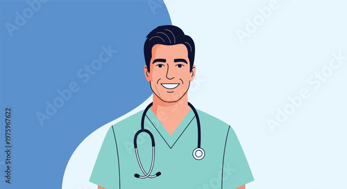 Cheerful male medical professional in green scrubs with a stethoscope around his neck poses against a blue and white background.