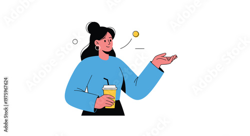 Smiling woman in a blue sweater holds a yellow coffee cup and gestures with her hand as if explaining something important.