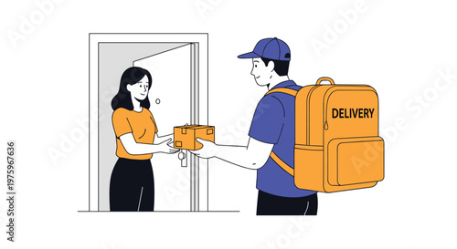 Friendly delivery courier wearing a blue uniform gives a cardboard package to a woman at the open door of her apartment.
