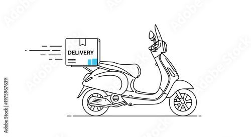 Minimalist outline drawing of a delivery motor scooter carrying a parcel box moving quickly as indicated by speed lines.
