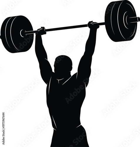 Weightlifter lifting heavy barbell overhead strength training