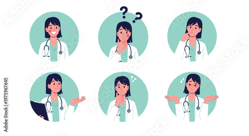 Six distinct avatars of a female doctor in a white coat showing various emotions and expressions for communication.