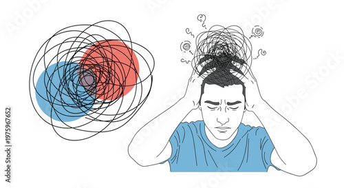 Stressed man clutches his head while looking down as a chaotic tangle of lines and scribbles symbolizes mental distress.