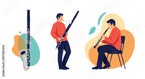 Various illustrations of a bassoon musical instrument along with male musicians performing while standing and seated.