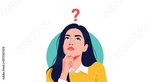 Young woman looks upward with a thoughtful expression and a red question mark above her head while considering options.