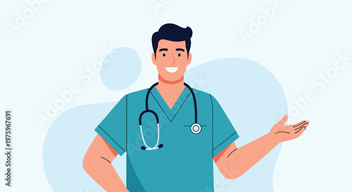 Smiling male doctor in blue scrubs and a stethoscope gestures with his hand to provide medical advice and support.